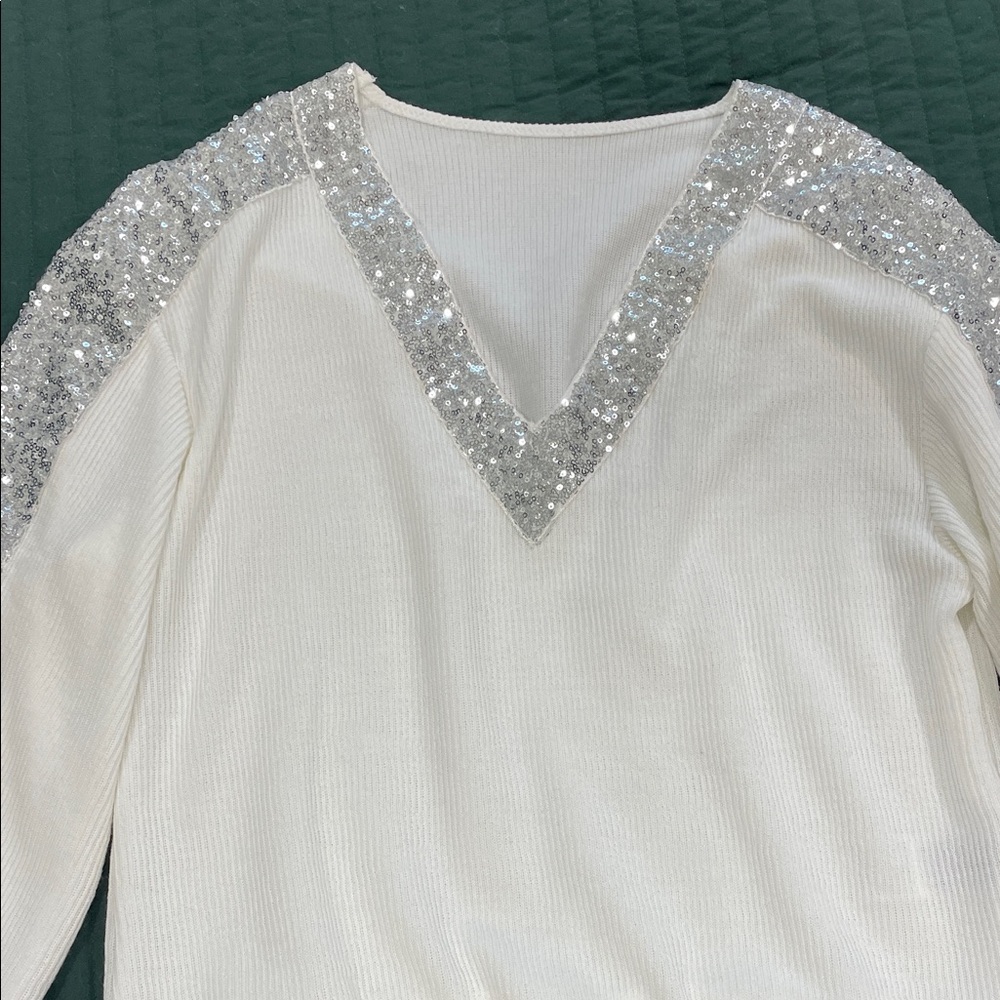 White Sweater with Silver Sequin Accents
